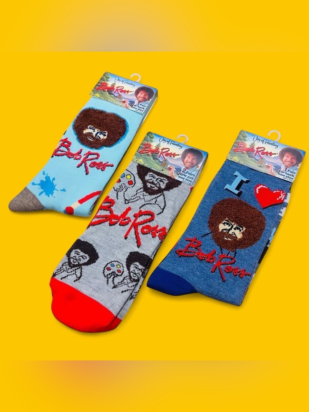 Bob Ross Joy of Painting Novelty Crew Socks 3 Pair Set Fuzzy Hair Artist NWT